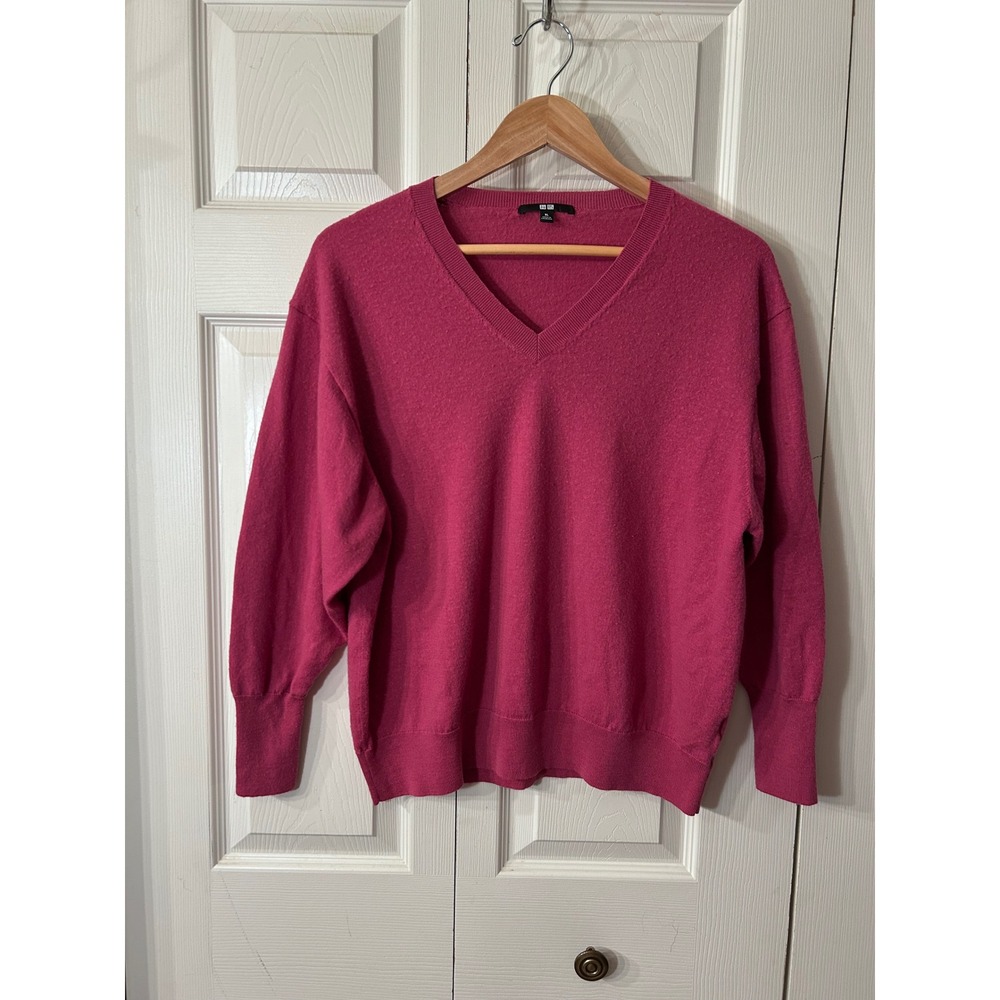 UNIQLO Wool V Neck Sweater Magenta Pink‎ Dolman Sleeve Women XL